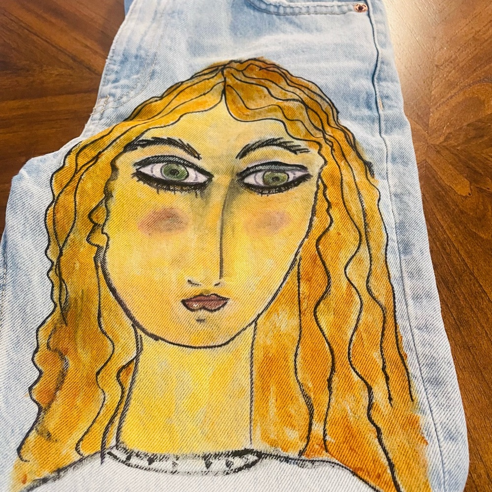 Zara Light Blue Denim with Frayed Hem with original painting